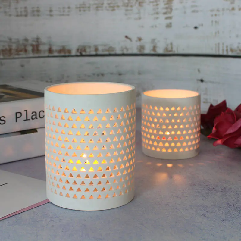 White Pierced Flower Pattern Cylinder Shape Tea Light Candle Ceramic Holder For Home Decoration